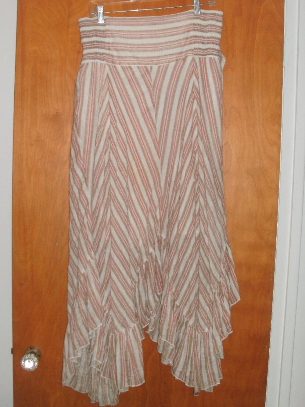FP ONE Free People Strapless Smocked Ruffle Midi Striped Gauze Dress Handprinted